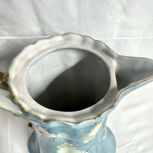 Antique Hand Painted Porcelain Pitcher – Aqua Blue Floral Gold Trim – 8.5” Tall - Picture 6 of 9
